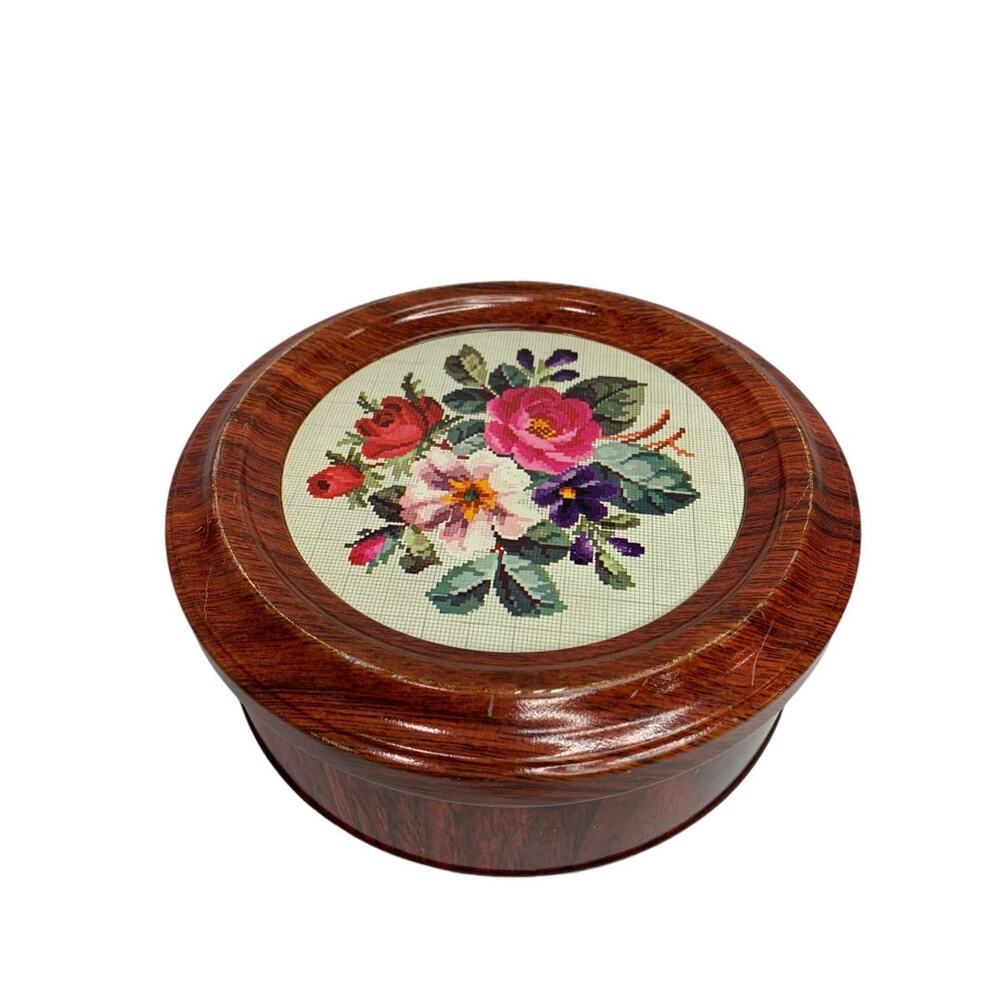 1970s Metal Tin Faux Wood Needlepoint Floral Guildcraft USA